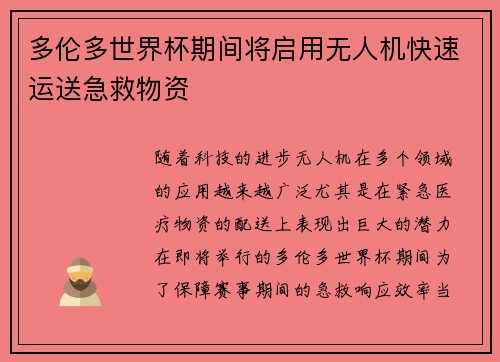 多伦多世界杯期间将启用无人机快速运送急救物资