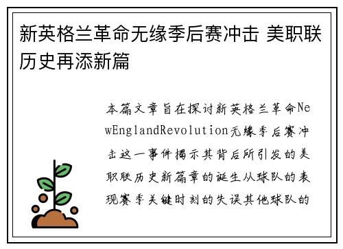 新英格兰革命无缘季后赛冲击 美职联历史再添新篇